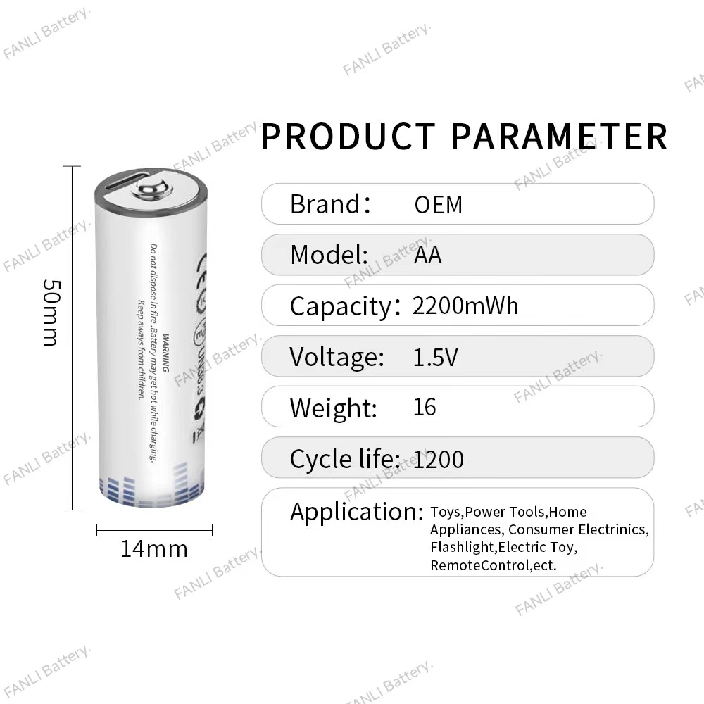 Rechargeable Lithium Battery 1.5v AA 2200mWh